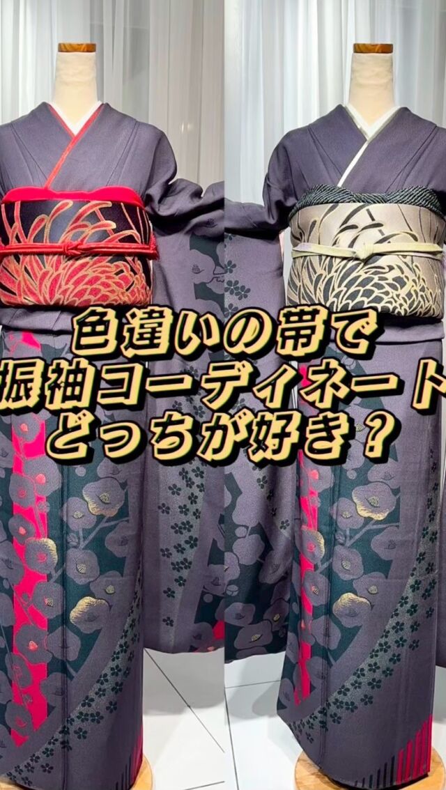 【振袖コーディネート👘】

今回はチャコールグレーの振袖に色違いの帯でコーディネートをしてみました♥️🤍

どちらも大人っぽくかっこいいおしゃれなコーデですが、
印象が全然違います✨

皆様はどちらのコーディネートが好きでしたか？
ぜひコメントで教えてください🎀

組み合わせる小物によって印象がガラッと変わるので、当店ではお客様のお好みに合わせてコーディネートをご提案させていただいております♪

今後も成人式・卒業式を迎える方に役立つ情報を載せていきますので、ぜひフォロー・いいね・保存をお願いします☺️

⋆┈┈┈┈┈┈┈┈┈┈┈┈┈┈┈⋆

2026年・2027年成人式
2026年卒業式
ご予約受付中です＊

振袖レンタル 66,000円～
卒業袴レンタル 16,500円～

#山梨成人式
#山梨卒業式 

⋆┈┈┈┈┈┈┈┈┈┈┈┈┈┈┈⋆

𝘞𝘌𝘋𝘋𝘐𝘜𝘙𝘓 𝘔𝘈𝘙𝘐𝘈

📍 山梨県中巨摩郡昭和町飯喰457-5

  𝖳𝖤𝖫  055-225-6307

𓂃𓂃𓂃𓂃𓂃𓂃𓂃𓂃𓂃𓂃𓂃𓂃𓂃
#成人式 #成人式コーデ #振袖 #振袖コーデ #振袖レンタル
#2026成人式 #振袖ヘア
